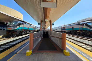 Black, silver, and teal painted trains waiting at a station platform.
