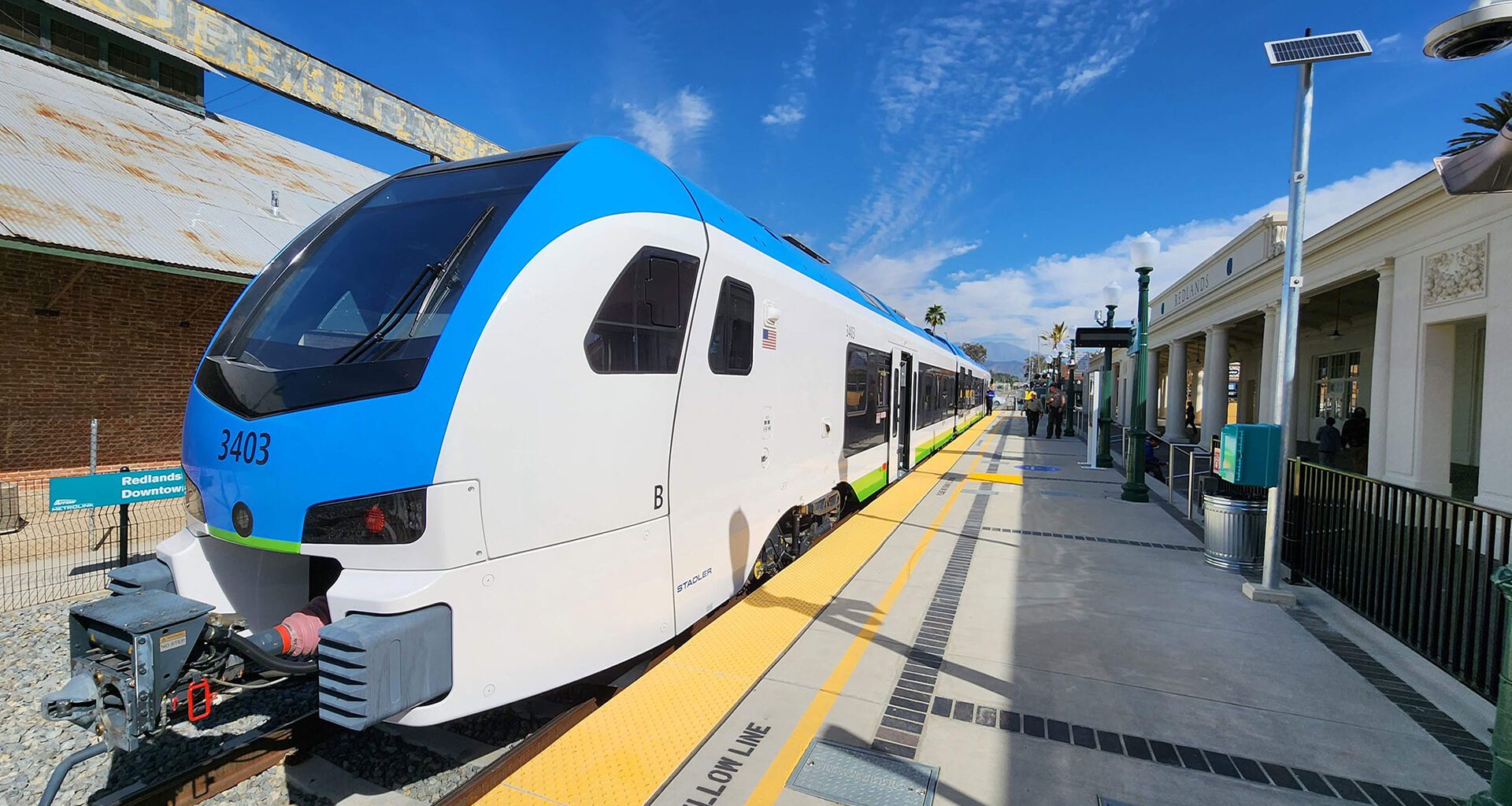Metrolink Arrow Line Stadler FLIRT train at Redlands Downtown Station, Southern California commuter rail