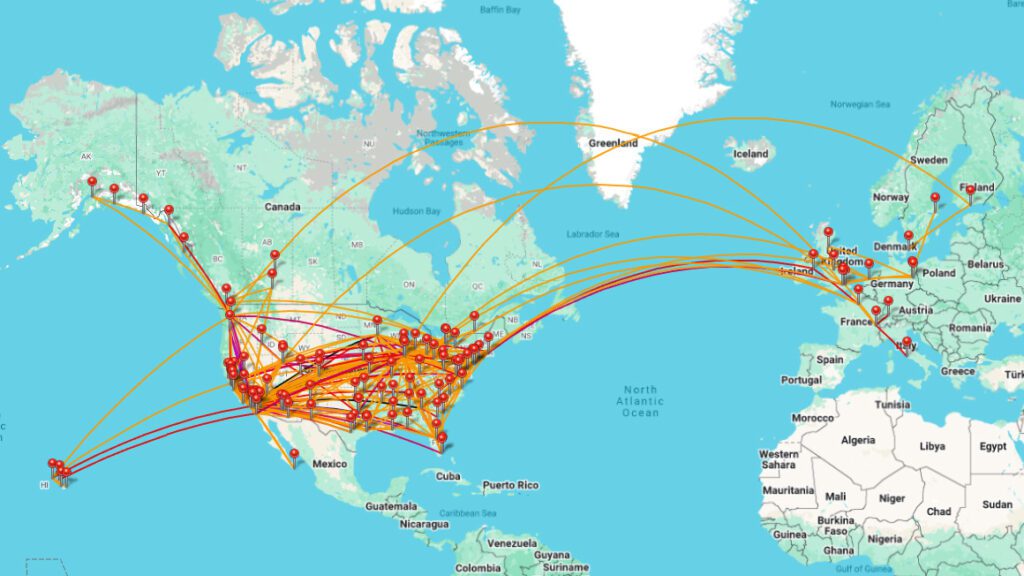 World map showing flights taken between 2005 and 2026.