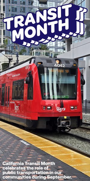 Red transit train at a platform with a bold purple 'Transit Month' banner above, promoting California Transit Month.